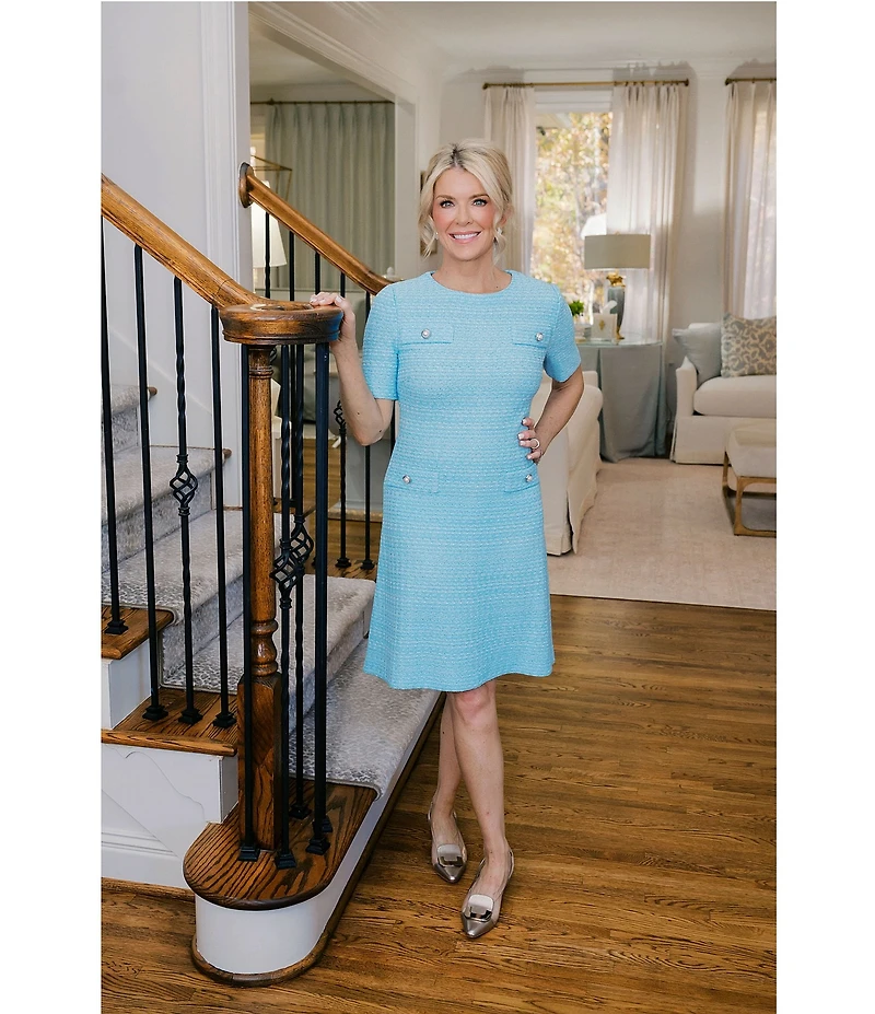 Ming Wang x Family Savvy Tweed Texture Round Neck Short Sleeve A-Line Dress