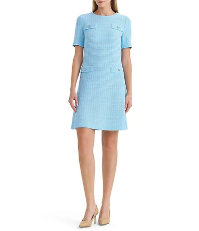 Ming Wang x Family Savvy Tweed Texture Round Neck Short Sleeve A-Line Dress