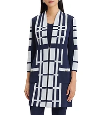 Ming Wang Two-Tone Geometric Knit Modified Mandarin Neck 3/4 Sleeve Duster
