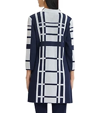 Ming Wang Two-Tone Geometric Knit Modified Mandarin Neck 3/4 Sleeve Duster