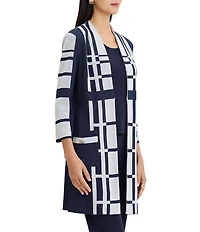 Ming Wang Two-Tone Geometric Knit Modified Mandarin Neck 3/4 Sleeve Duster