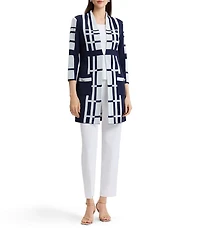 Ming Wang Two-Tone Geometric Knit Modified Mandarin Neck 3/4 Sleeve Duster