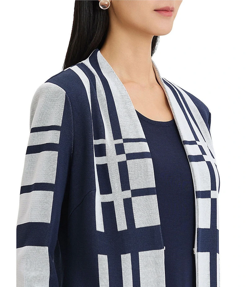 Ming Wang Two-Tone Geometric Knit Modified Mandarin Neck 3/4 Sleeve Duster