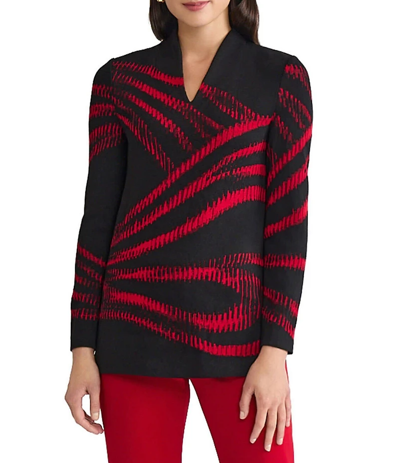 Ming Wang Two-Tone Jacquard Knit Mandarin Collar V-Neck Long Sleeve Tunic