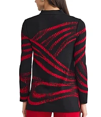 Ming Wang Two-Tone Jacquard Knit Mandarin Collar V-Neck Long Sleeve Tunic