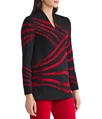 Ming Wang Two-Tone Jacquard Knit Mandarin Collar V-Neck Long Sleeve Tunic