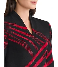 Ming Wang Two-Tone Jacquard Knit Mandarin Collar V-Neck Long Sleeve Tunic