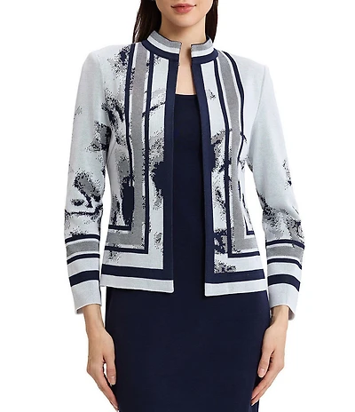 Ming Wang Two-Tone Knit Stand Collar Long Sleeve Jacket