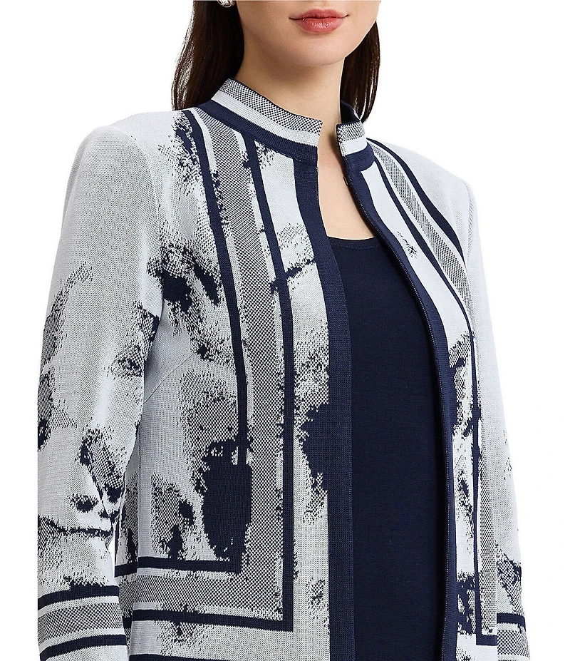 Ming Wang Two-Tone Knit Stand Collar Long Sleeve Jacket