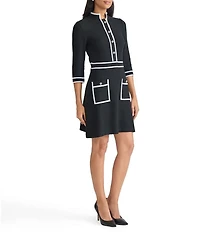 Ming Wang Utility Knit Stand Collar Front Patch Button Pockets 3/4 Sleeve A-Line Dress