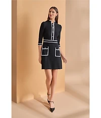 Ming Wang Utility Knit Stand Collar Front Patch Button Pockets 3/4 Sleeve A-Line Dress