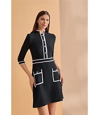 Ming Wang Utility Knit Stand Collar Front Patch Button Pockets 3/4 Sleeve A-Line Dress