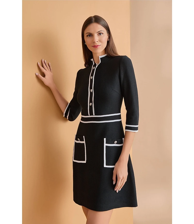 Ming Wang Utility Knit Stand Collar Front Patch Button Pockets 3/4 Sleeve A-Line Dress