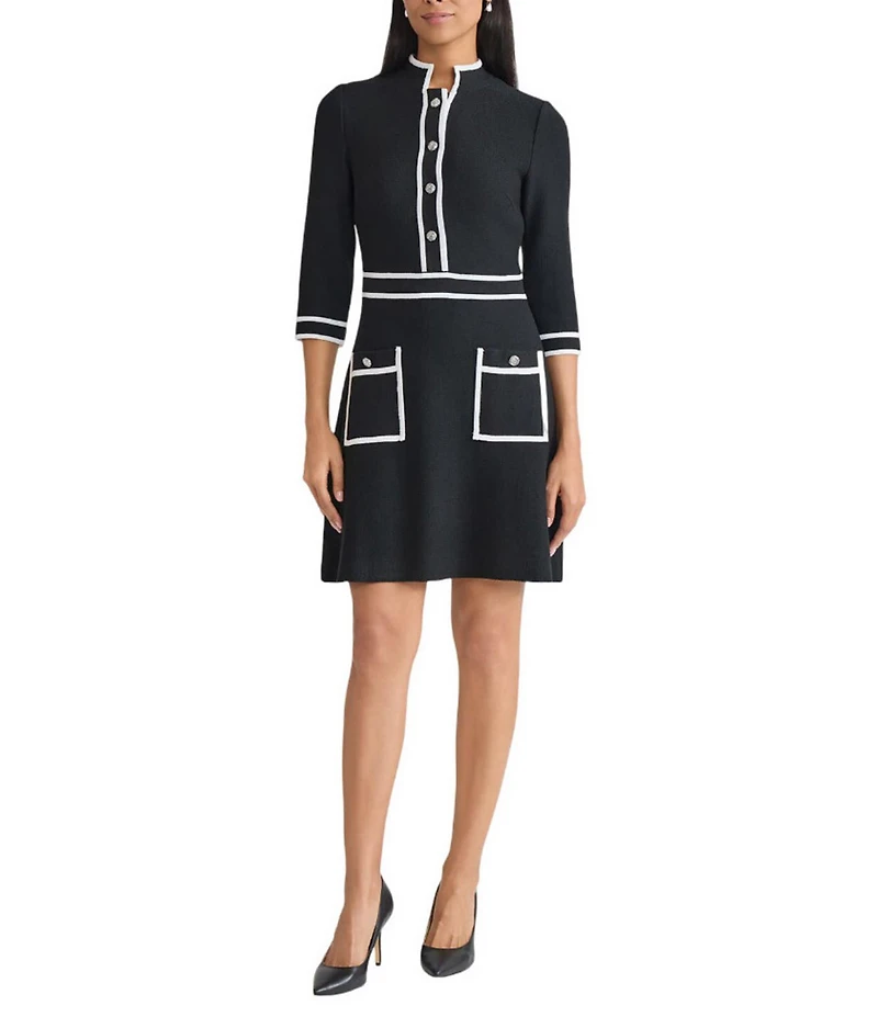 Ming Wang Utility Knit Stand Collar Front Patch Button Pockets 3/4 Sleeve A-Line Dress