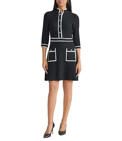 Ming Wang Utility Knit Stand Collar Front Patch Button Pockets 3/4 Sleeve A-Line Dress