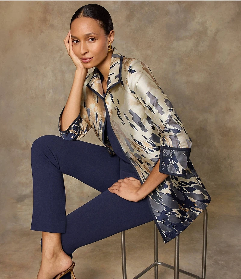 Ming Wang Woven Abstract Animal Print Wing Collar Bracelet Sleeve Long Jacket