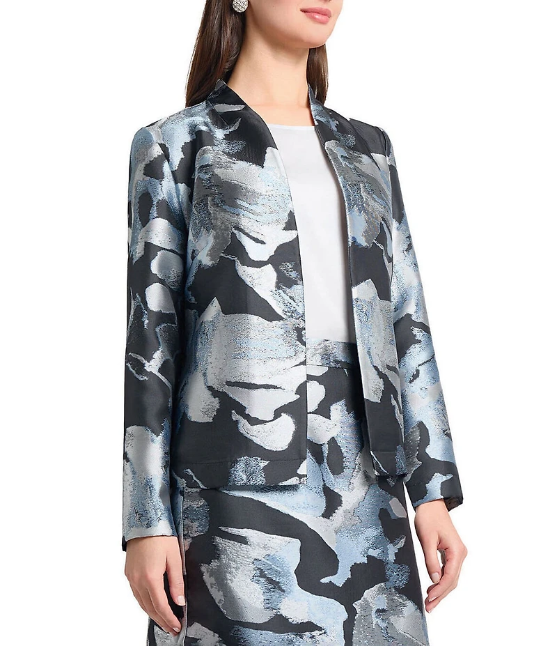 Ming Wang Woven Floral Print Mandarin Collar Long Sleeve Open Front Coordinating Jacket