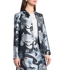 Ming Wang Woven Floral Print Mandarin Collar Long Sleeve Open Front Coordinating Jacket