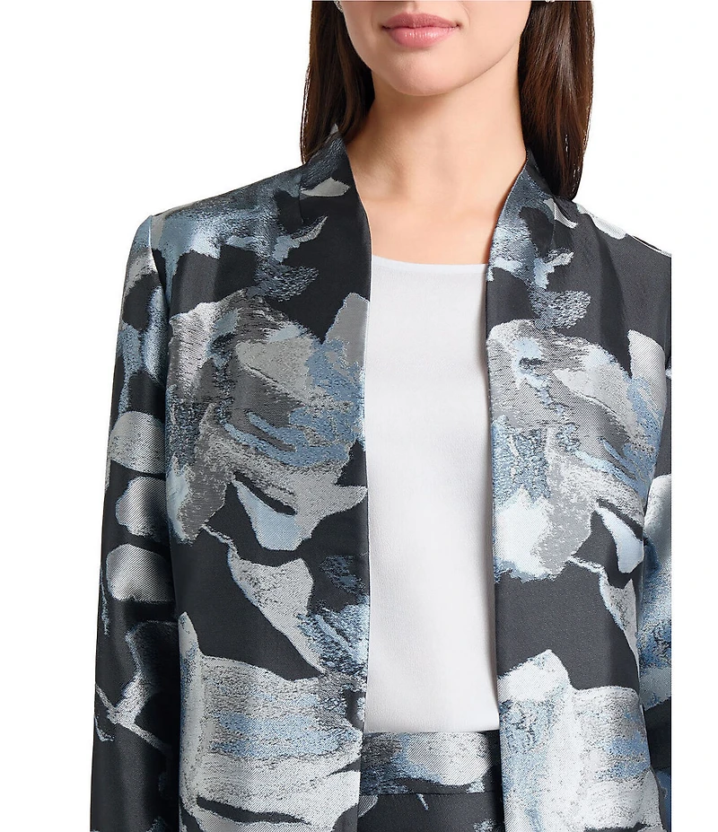 Ming Wang Woven Floral Print Mandarin Collar Long Sleeve Open Front Coordinating Jacket