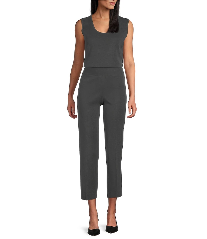 Ming Wang Woven Slim Straight Leg Elastic Waist Cropped Pull-On Pants