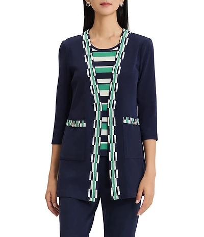 Ming Wang Wrinkle-Resistant 3/4 Sleeve Checkered Trim Jacket