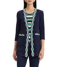 Ming Wang Wrinkle-Resistant 3/4 Sleeve Checkered Trim Jacket