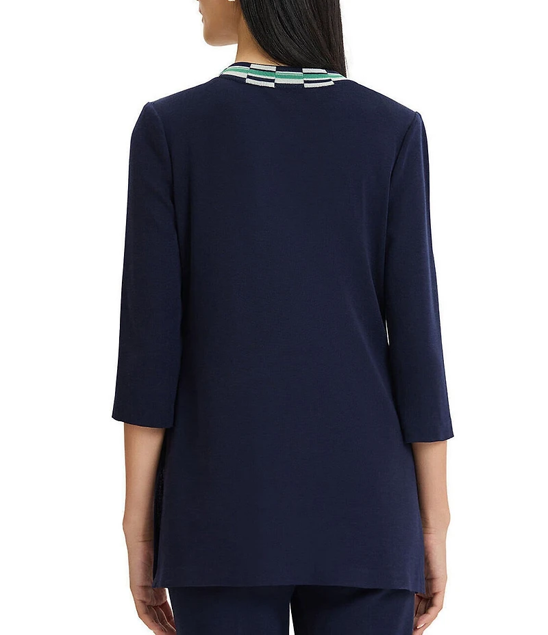 Ming Wang Wrinkle-Resistant 3/4 Sleeve Checkered Trim Jacket