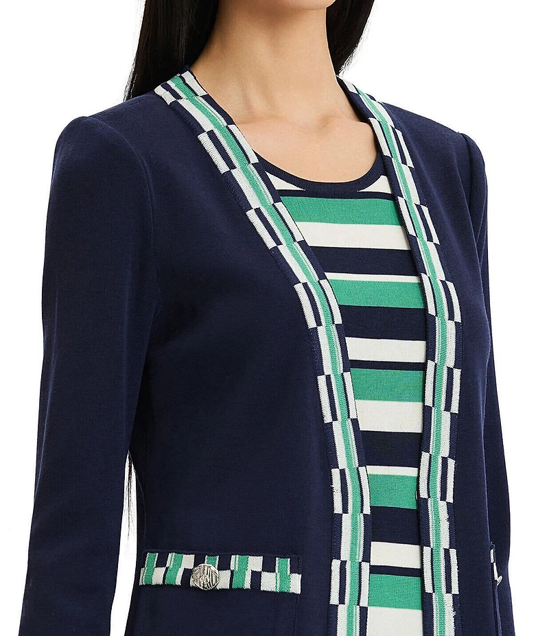 Ming Wang Wrinkle-Resistant 3/4 Sleeve Checkered Trim Jacket