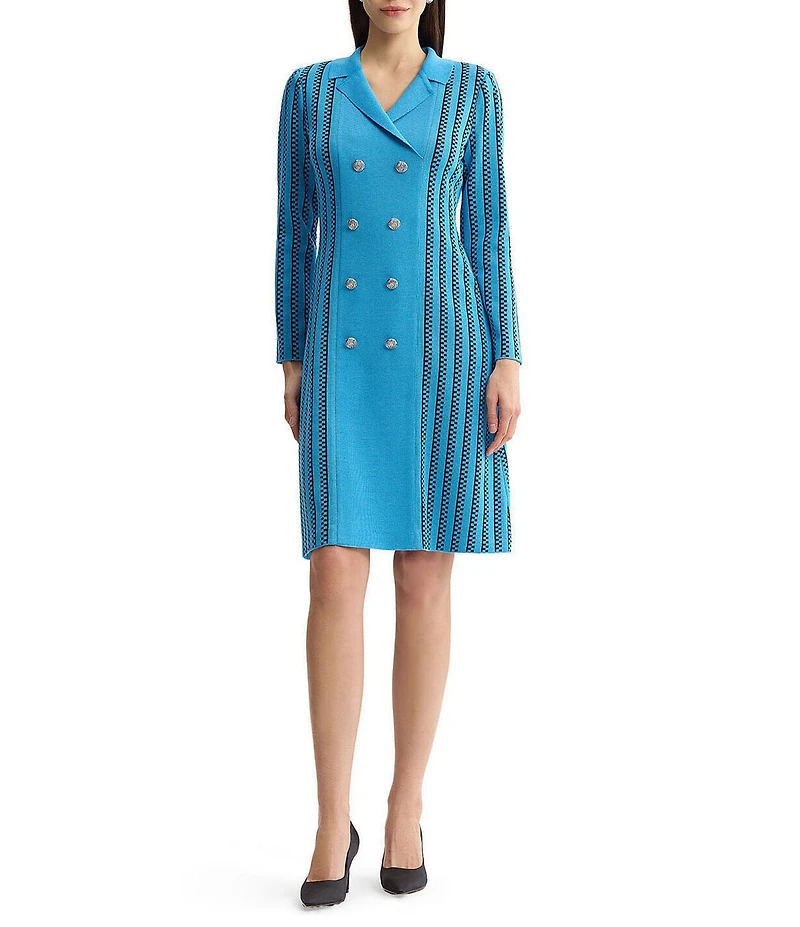 Ming Wang Wrinkle-Resistant Faux Double Breasted Knit Notch Collar Long Sleeve Dress