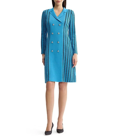 Ming Wang Wrinkle-Resistant Faux Double Breasted Knit Notch Collar Long Sleeve Dress