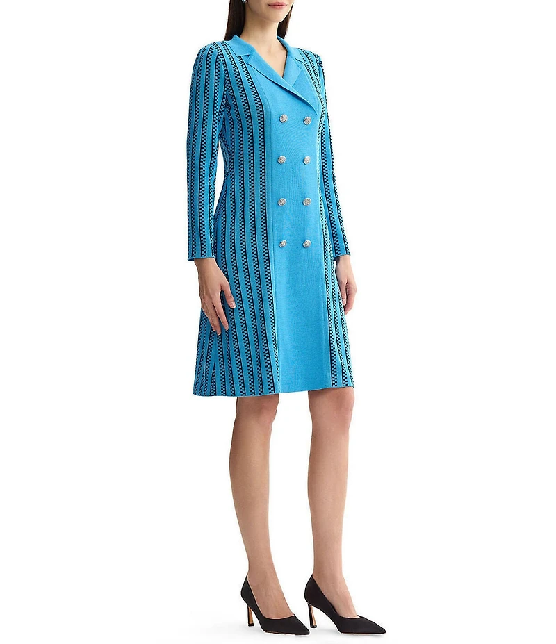 Ming Wang Wrinkle-Resistant Faux Double Breasted Knit Notch Collar Long Sleeve Dress