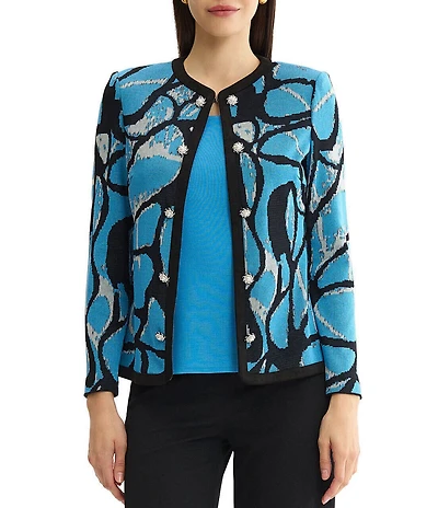Ming Wang Wrinkle-Resistant Jacquard Knit Abstract Long Sleeve Jacket