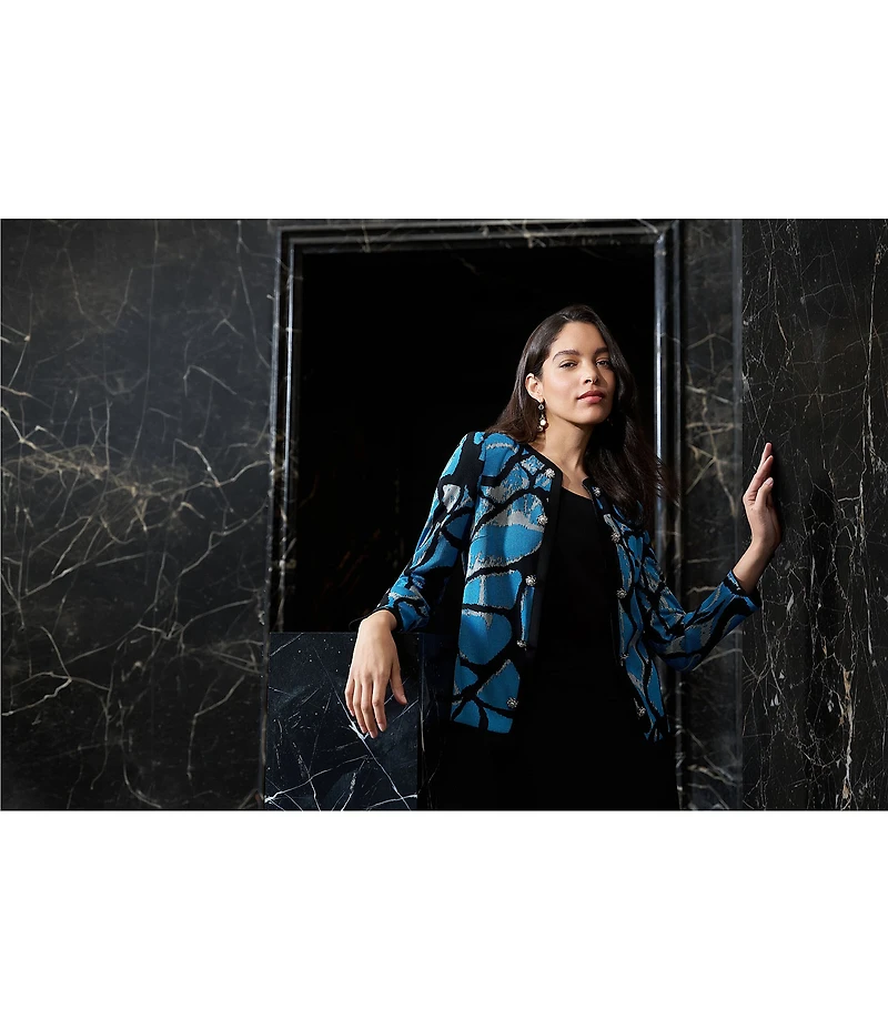Ming Wang Wrinkle-Resistant Jacquard Knit Abstract Long Sleeve Jacket