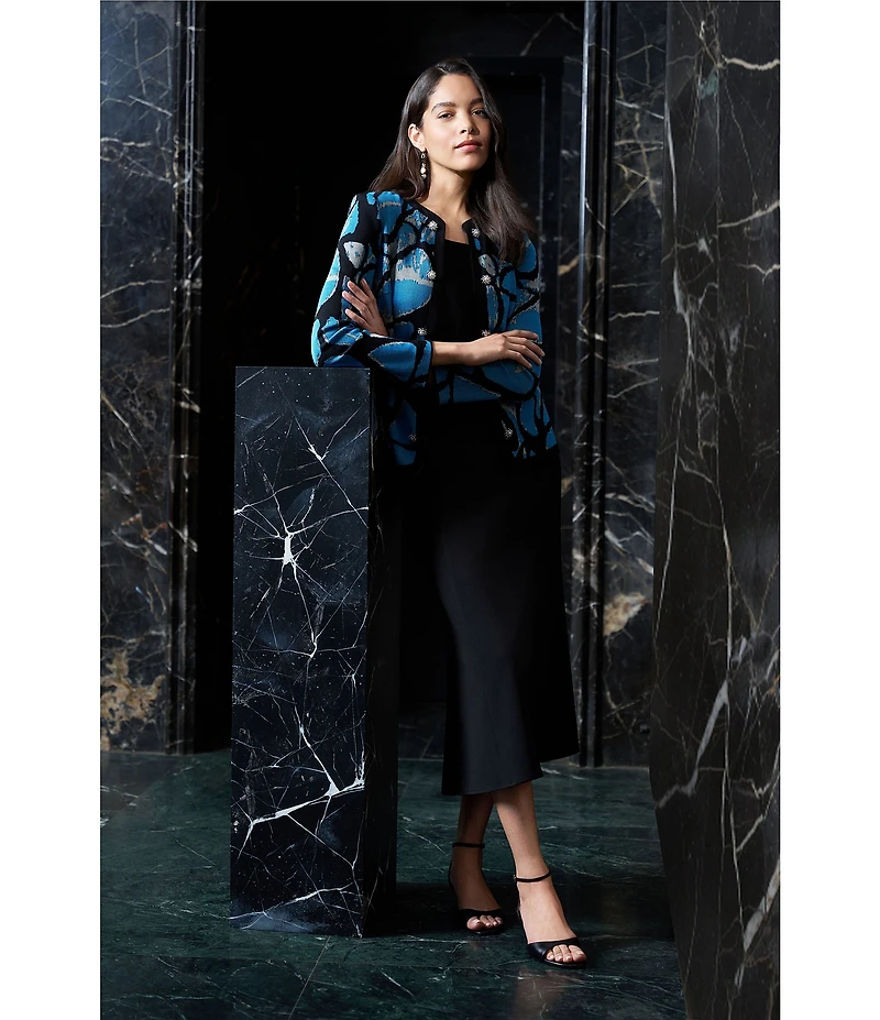 Ming Wang Wrinkle-Resistant Jacquard Knit Abstract Long Sleeve Jacket