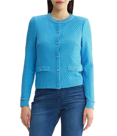 Ming Wang Wrinkle-Resistant Raised Diamond Ribbed Knit Cardigan