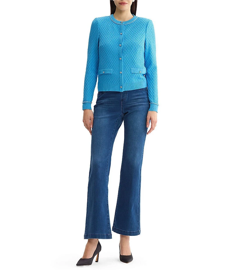 Ming Wang Wrinkle-Resistant Raised Diamond Ribbed Knit Cardigan