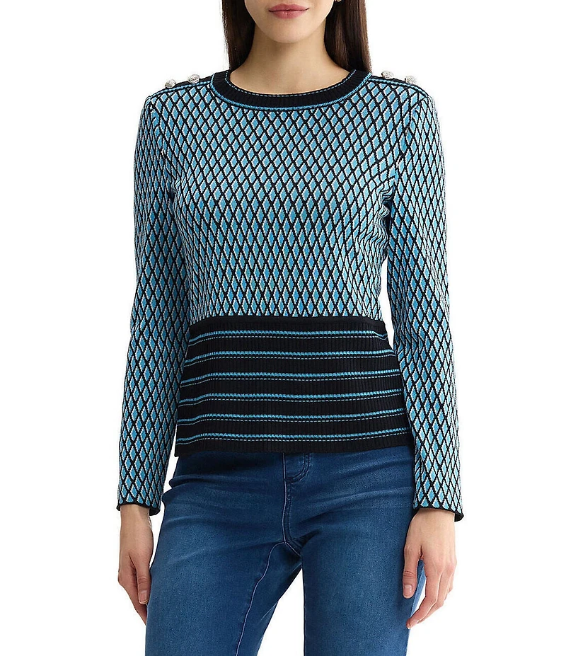 Ming Wang Wrinkle-Resistant Ribbed Knit Diamond Striped Crew Neck Long Sleeve Top
