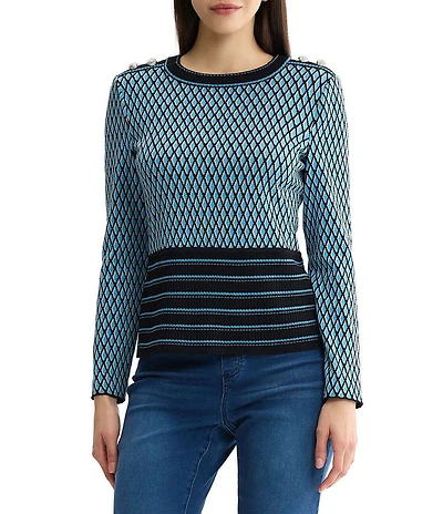 Ming Wang Wrinkle-Resistant Ribbed Knit Diamond Striped Crew Neck Long Sleeve Top