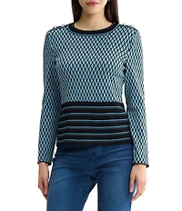 Ming Wang Wrinkle-Resistant Ribbed Knit Diamond Striped Crew Neck Long Sleeve Top