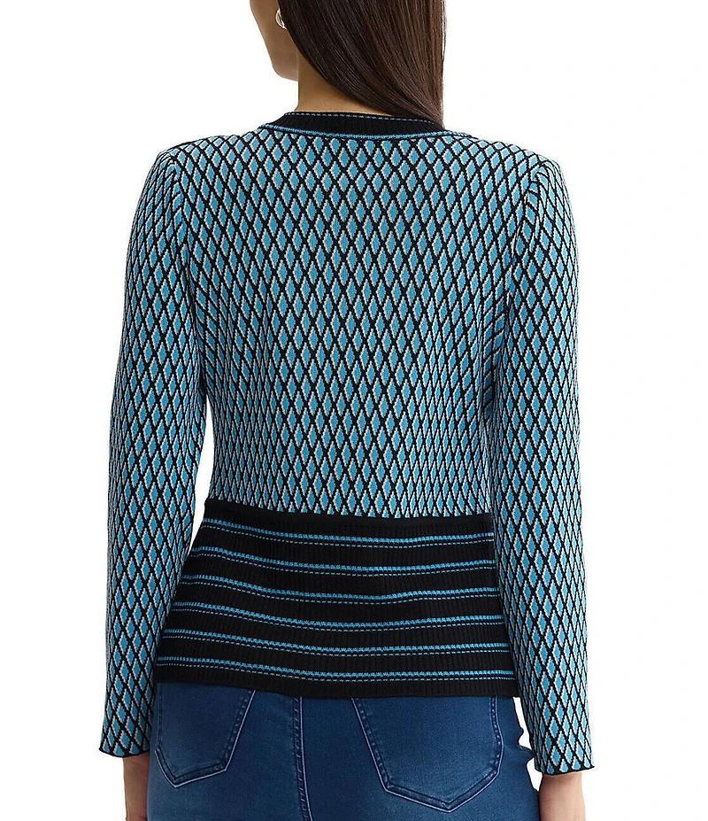 Ming Wang Wrinkle-Resistant Ribbed Knit Diamond Striped Crew Neck Long Sleeve Top