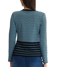Ming Wang Wrinkle-Resistant Ribbed Knit Diamond Striped Crew Neck Long Sleeve Top