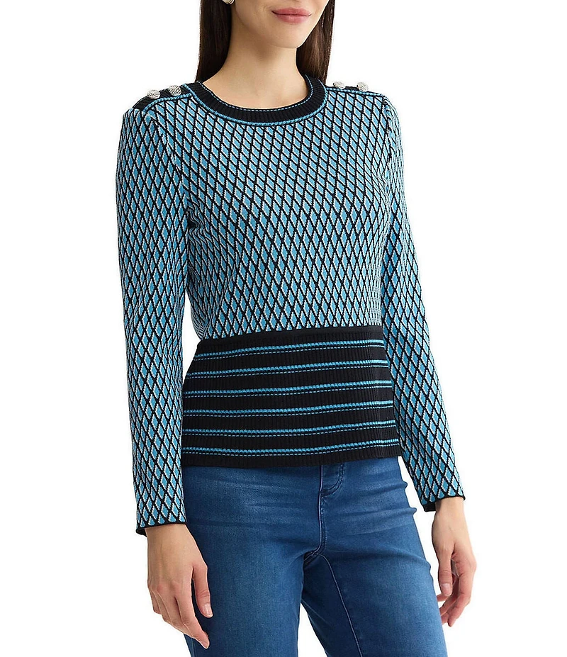 Ming Wang Wrinkle-Resistant Ribbed Knit Diamond Striped Crew Neck Long Sleeve Top