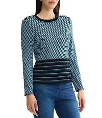Ming Wang Wrinkle-Resistant Ribbed Knit Diamond Striped Crew Neck Long Sleeve Top