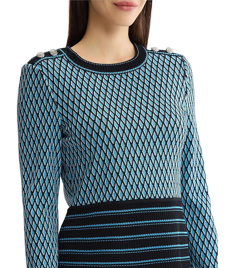 Ming Wang Wrinkle-Resistant Ribbed Knit Diamond Striped Crew Neck Long Sleeve Top