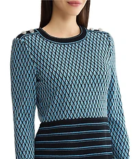 Ming Wang Wrinkle-Resistant Ribbed Knit Diamond Striped Crew Neck Long Sleeve Top