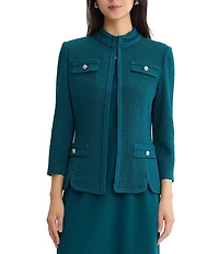 Ming Wang Wrinkle Resistant Tailored Pointelle Knit Braided Trim Bracelet Sleeve Jacket