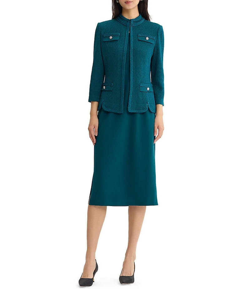 Ming Wang Wrinkle Resistant Tailored Pointelle Knit Braided Trim Bracelet Sleeve Jacket
