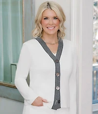 Ming Wang x Family Savvy Contrast Trim Soft Knit V-Neck Long Sleeve Cardigan