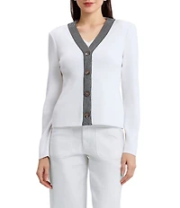 Ming Wang x Family Savvy Contrast Trim Soft Knit V-Neck Long Sleeve Cardigan