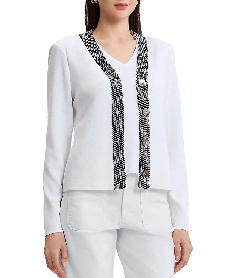 Ming Wang x Family Savvy Contrast Trim Soft Knit V-Neck Long Sleeve Cardigan